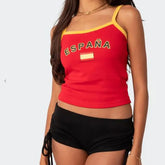 Model displaying a short country flag graphic tank top with España